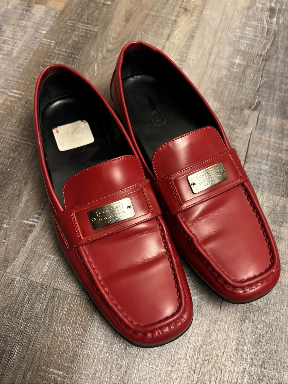 Coach Lora Red Leather Loafers Flats Silver Logo Plate Women's Size 7.5